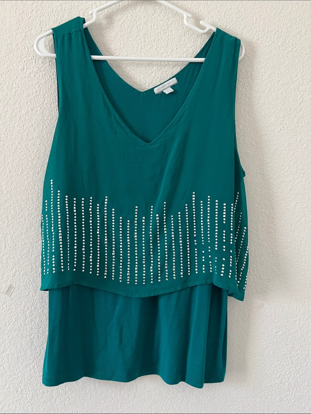 New York & Company Teal Sleeveless Stud-Embellished Layered Tank